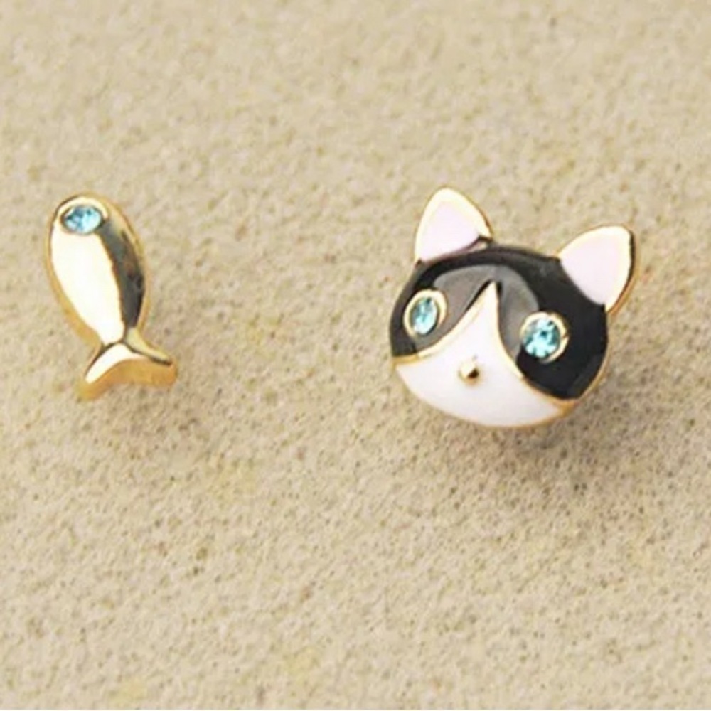 Gold Plated & Black Enamel Cat and Fish w/ Blue Sapphire Accented Eyes Earrings - Picture 3 of 5
